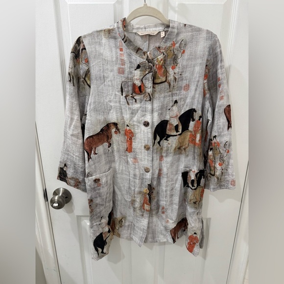 Soft Surroundings Gray Artistic Print Song Dynasty Button Down - Picture 1 of 6
